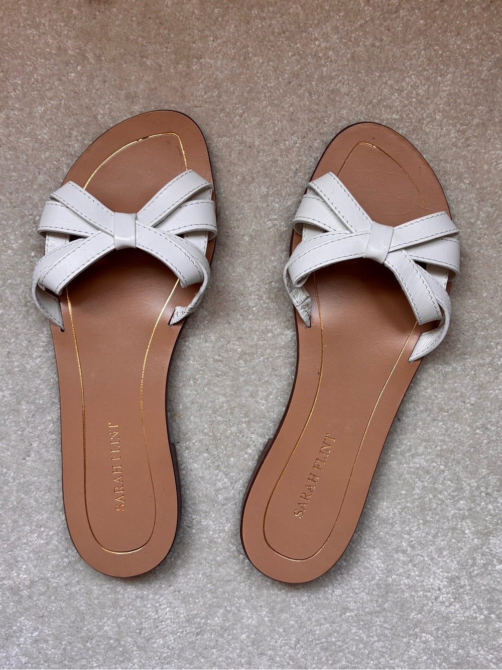 Sarah Flint White Bow Leather Slides / Sandals